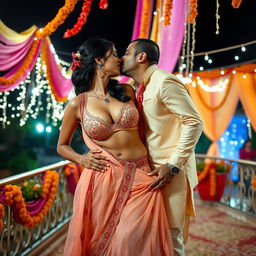 A sultry Indian woman resembling Nushrat Bharucha, elegantly dressed in a chiffon sleeveless choli and a low waist lehenga, is passionately making out with an Indian man on a beautifully decorated terrace during an extravagant Indian wedding