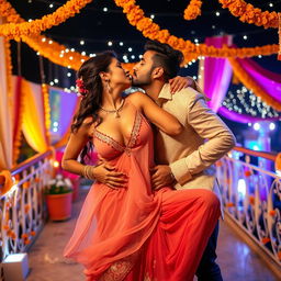 A sultry Indian woman resembling Nushrat Bharucha, elegantly dressed in a chiffon sleeveless choli and a low waist lehenga, is passionately making out with an Indian man on a beautifully decorated terrace during an extravagant Indian wedding
