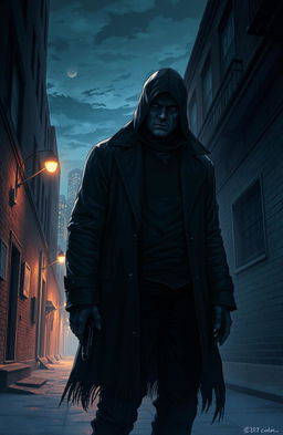 A dark and thrilling illustration of a serial killer in an urban setting