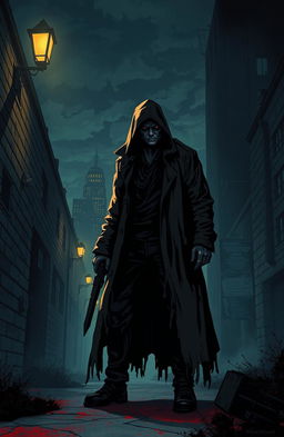 A dark and thrilling illustration of a serial killer in an urban setting
