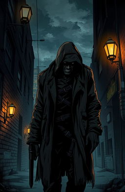 A dark and thrilling illustration of a serial killer in an urban setting