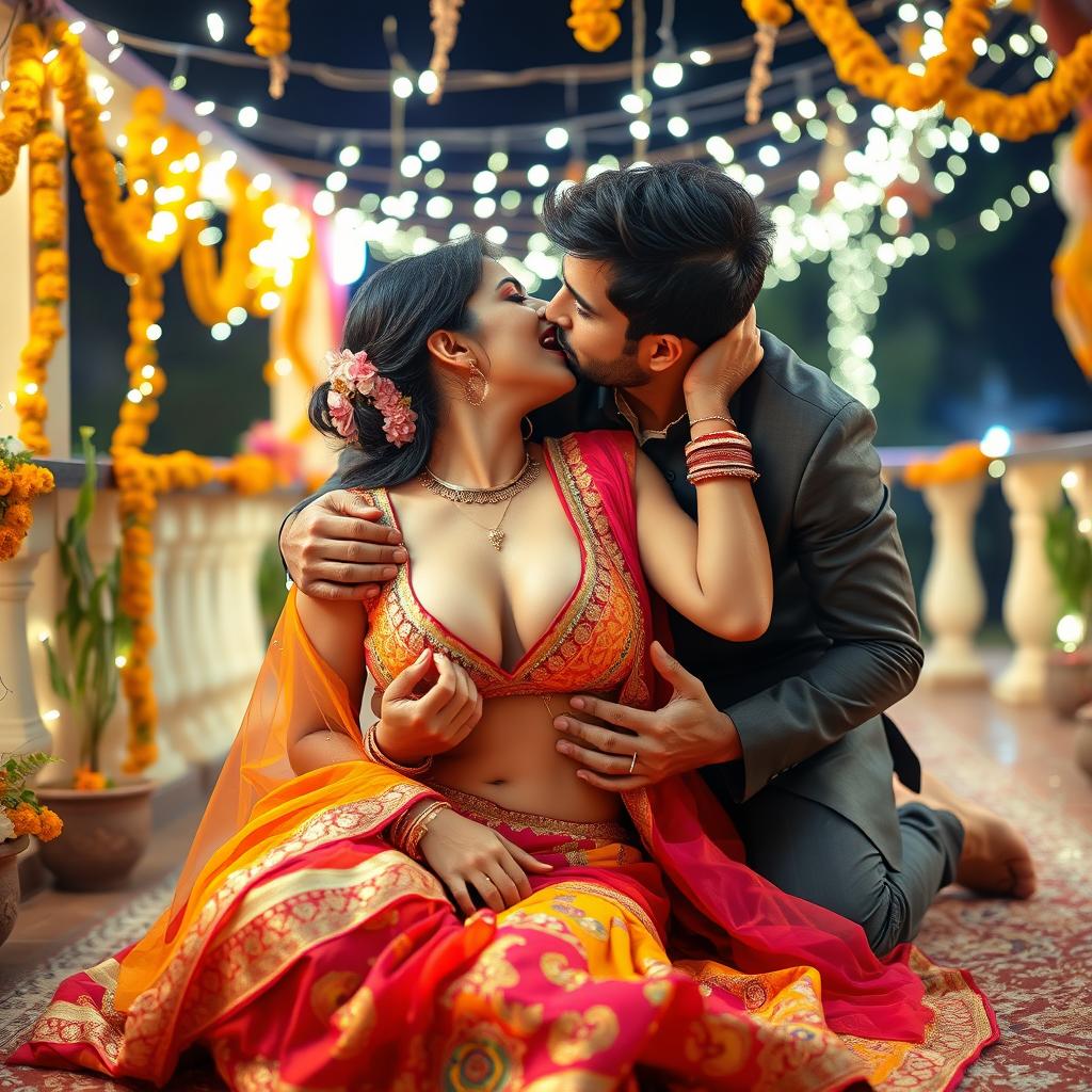 A sultry Indian woman resembling Nushrat Bharucha, dressed in a colorful traditional Indian outfit, is sitting on the floor of a beautifully decorated terrace during an Indian wedding