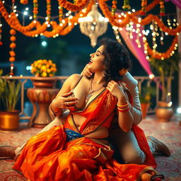 A sultry Indian woman resembling Nushrat Bharucha, dressed in a colorful traditional Indian outfit, is sitting on the floor of a beautifully decorated terrace during an Indian wedding