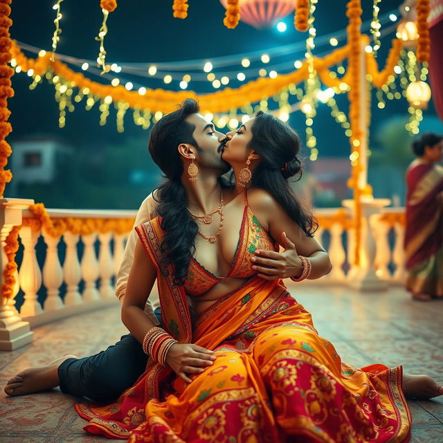 A sultry Indian woman resembling Nushrat Bharucha, dressed in a colorful traditional Indian outfit, is sitting on the floor of a beautifully decorated terrace during an Indian wedding