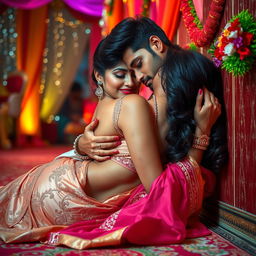 A sultry Indian woman resembling Nushrat Bharucha is lying on the floor, leaning against a beautifully decorated wall in a vibrant Indian wedding setting
