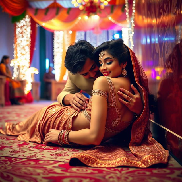 A sultry Indian woman resembling Nushrat Bharucha is lying on the floor, leaning against a beautifully decorated wall in a vibrant Indian wedding setting