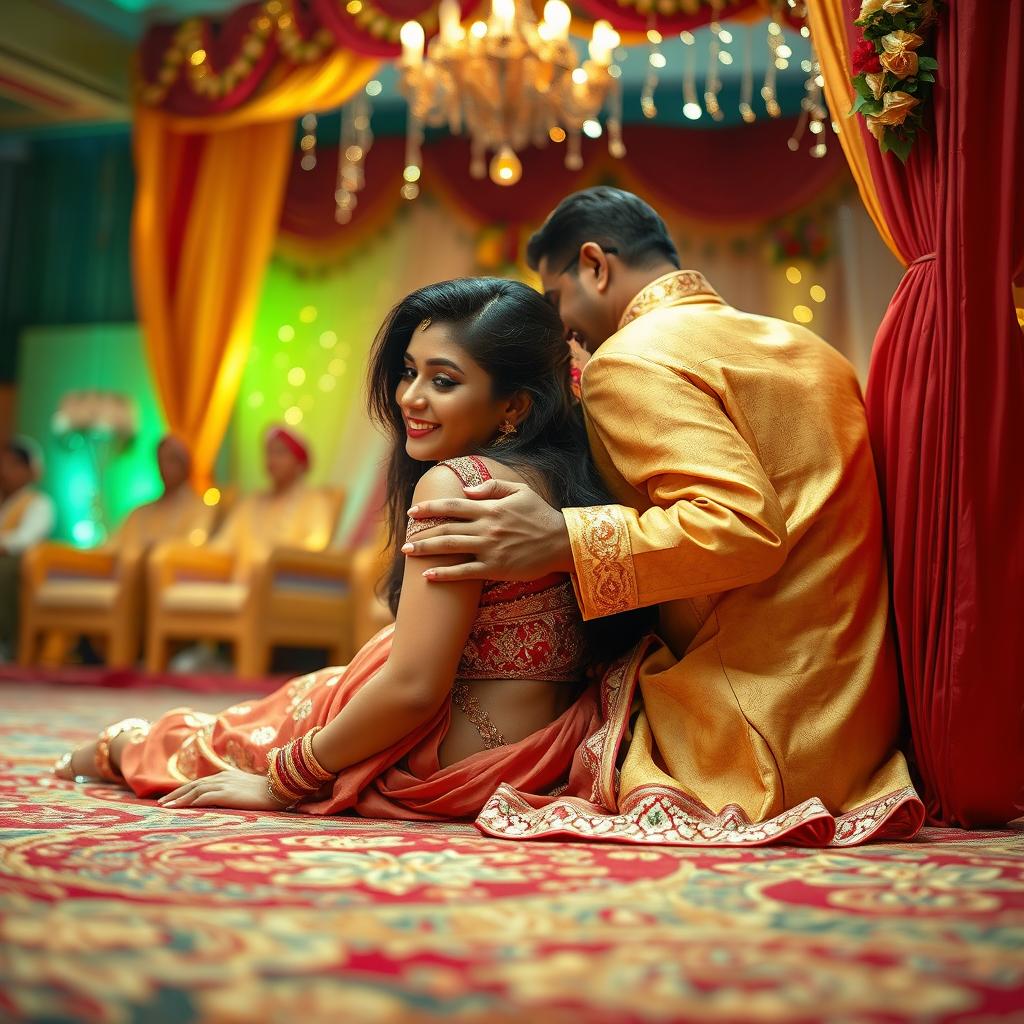 A sultry Indian woman resembling Nushrat Bharucha is lying on the floor, leaning against a beautifully decorated wall in a vibrant Indian wedding setting