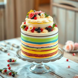 A beautifully decorated cake featuring multiple layers with vibrant colors, adorned with fresh flowers, berries, and intricate piping designs