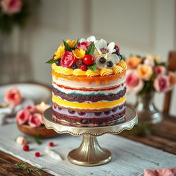 A beautifully decorated cake featuring multiple layers with vibrant colors, adorned with fresh flowers, berries, and intricate piping designs
