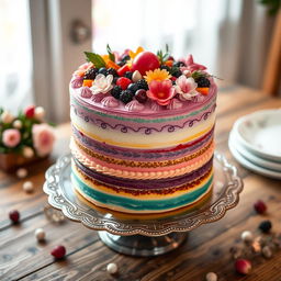 A beautifully decorated cake featuring multiple layers with vibrant colors, adorned with fresh flowers, berries, and intricate piping designs