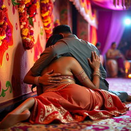 A sultry Indian woman resembling Nushrat Bharucha is lying on the floor, leaning against a beautifully decorated wall in a vibrant Indian wedding setting