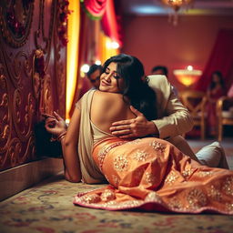 A sultry Indian woman resembling Nushrat Bharucha is lying on the floor, leaning against a beautifully decorated wall in a vibrant Indian wedding setting