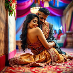 A sultry Indian woman resembling Nushrat Bharucha is lying on the floor, leaning against a beautifully decorated wall in a vibrant Indian wedding setting