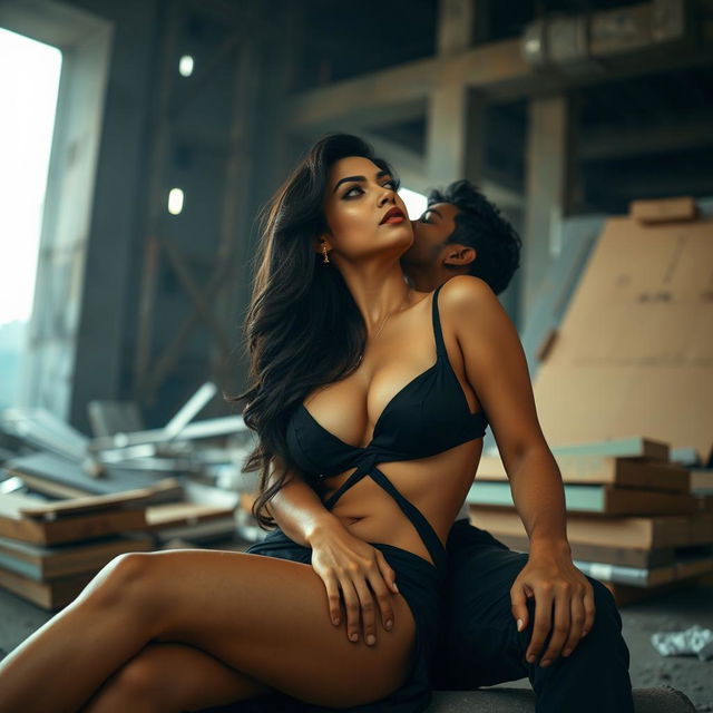 A sultry Pakistani woman with long, dark hair and captivating eyes, sitting provocatively in an unfinished urban setting, surrounded by construction materials