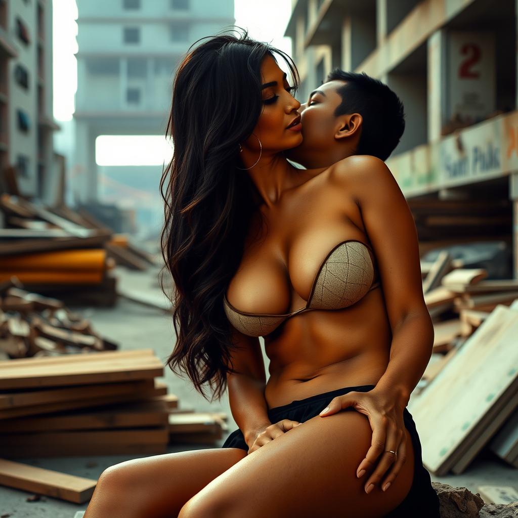 A sultry Pakistani woman with long, dark hair and captivating eyes, sitting provocatively in an unfinished urban setting, surrounded by construction materials