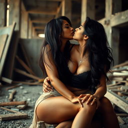 A sultry Pakistani woman with long, dark hair and captivating eyes, sitting provocatively in an unfinished urban setting, surrounded by construction materials
