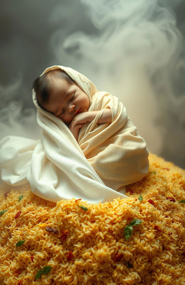 A surreal artistic representation featuring a draped cloth symbolizing a baby, gently flowing and intricately patterned, surrounded by a mound of biryani rice, with delicate spices and vibrant colors like saffron and green herbs