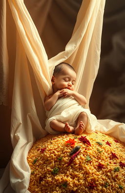 A surreal artistic representation featuring a draped cloth symbolizing a baby, gently flowing and intricately patterned, surrounded by a mound of biryani rice, with delicate spices and vibrant colors like saffron and green herbs