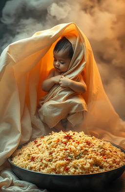 A surreal artistic representation featuring a draped cloth symbolizing a baby, gently flowing and intricately patterned, surrounded by a mound of biryani rice, with delicate spices and vibrant colors like saffron and green herbs