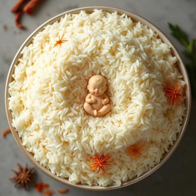 A whimsical scene featuring a circular plate brimming with fluffy basmati rice, textured and fluffy, forming an intricate mound