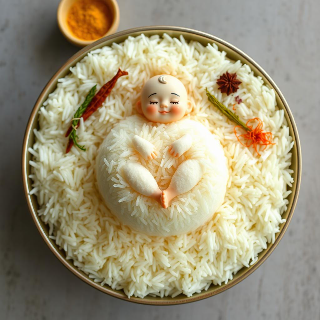 A whimsical scene featuring a circular plate brimming with fluffy basmati rice, textured and fluffy, forming an intricate mound