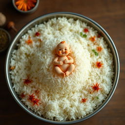 A whimsical scene featuring a circular plate brimming with fluffy basmati rice, textured and fluffy, forming an intricate mound
