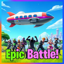 A vibrant and action-packed Fortnite thumbnail featuring a colorful landscape with iconic elements from the game, including a large, futuristic battle bus flying through a clear blue sky
