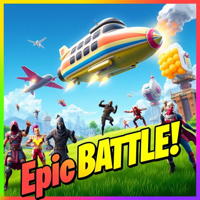 A vibrant and action-packed Fortnite thumbnail featuring a colorful landscape with iconic elements from the game, including a large, futuristic battle bus flying through a clear blue sky