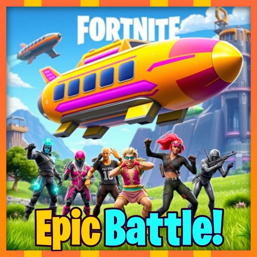 A vibrant and action-packed Fortnite thumbnail featuring a colorful landscape with iconic elements from the game, including a large, futuristic battle bus flying through a clear blue sky