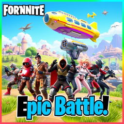 A vibrant and action-packed Fortnite thumbnail featuring a colorful landscape with iconic elements from the game, including a large, futuristic battle bus flying through a clear blue sky
