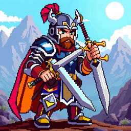A pixel art warrior standing strong and ready for battle
