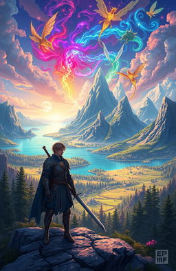 An epic fantasy landscape depicting a vibrant, otherworldly realm filled with crystal-clear lakes, towering mountains, and lush forests
