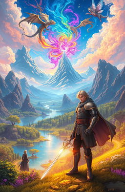 An epic fantasy landscape depicting a vibrant, otherworldly realm filled with crystal-clear lakes, towering mountains, and lush forests