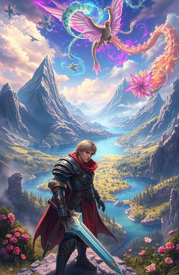 An epic fantasy landscape depicting a vibrant, otherworldly realm filled with crystal-clear lakes, towering mountains, and lush forests