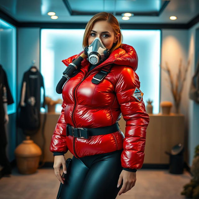 An attractive woman with a voluptuous figure, showcased in a shiny red puffy cold water immersion suit that highlights her curves, equipped with a full-face rebreather breathing mask for underwater adventures