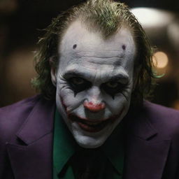 A hyper realistic 8k HD image of the Joker in a dark, mysterious setting. The details should be intricate and vivid.