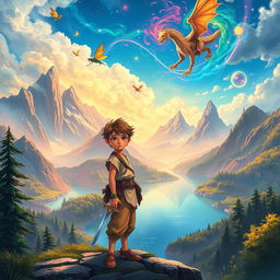 An epic fantasy landscape depicting a vibrant, otherworldly realm filled with crystal-clear lakes, towering mountains, and lush forests