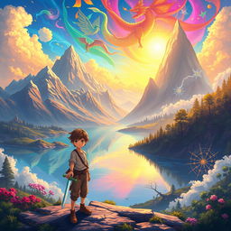 An epic fantasy landscape depicting a vibrant, otherworldly realm filled with crystal-clear lakes, towering mountains, and lush forests