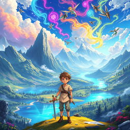 An epic fantasy landscape depicting a vibrant, otherworldly realm filled with crystal-clear lakes, towering mountains, and lush forests