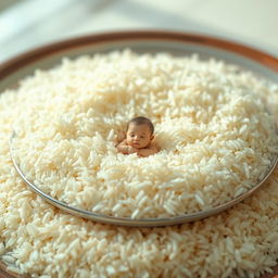 A whimsical and imaginative scene depicting a large plate piled high with fluffy basmati rice