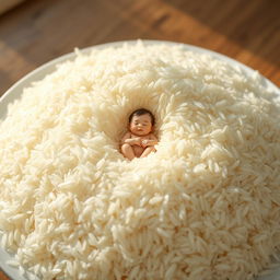 A whimsical and imaginative scene depicting a large plate piled high with fluffy basmati rice