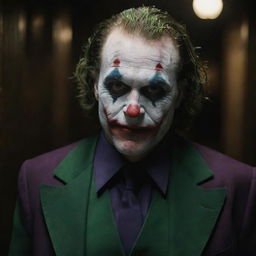 A hyper realistic 8k HD image of the Joker in a dark, mysterious setting. The details should be intricate and vivid.