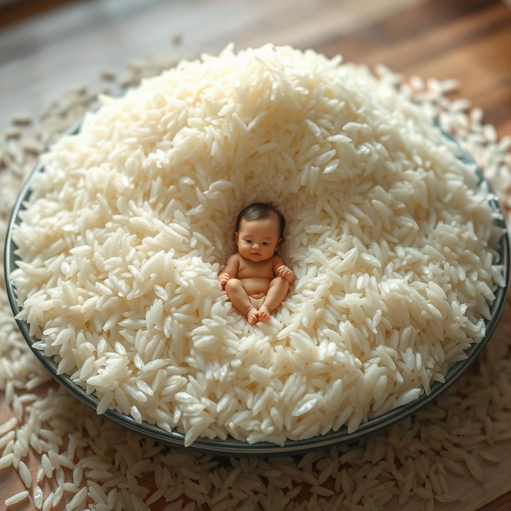 A whimsical and imaginative scene depicting a large plate piled high with fluffy basmati rice