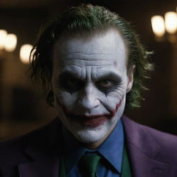 A hyper realistic 8k HD image of the Joker in a dark, mysterious setting. The details should be intricate and vivid.