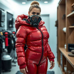 An attractive woman with a voluptuous figure, clad in a shiny red puffy cold water immersion suit that accentuates her curves, complete with a full-face rebreather breathing mask suitable for underwater exploration