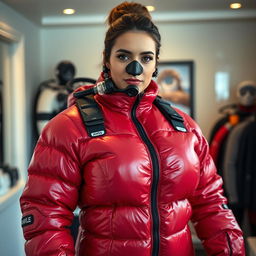 An attractive woman with a voluptuous figure, clad in a shiny red puffy cold water immersion suit that accentuates her curves, complete with a full-face rebreather breathing mask suitable for underwater exploration