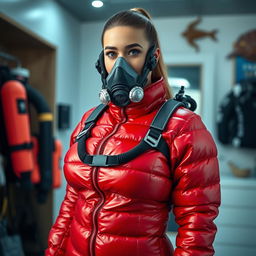 An attractive woman with a voluptuous figure, clad in a shiny red puffy cold water immersion suit that accentuates her curves, complete with a full-face rebreather breathing mask suitable for underwater exploration