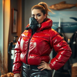 An attractive woman with a voluptuous figure, clad in a shiny red puffy cold water immersion suit that accentuates her curves, complete with a full-face rebreather breathing mask suitable for underwater exploration