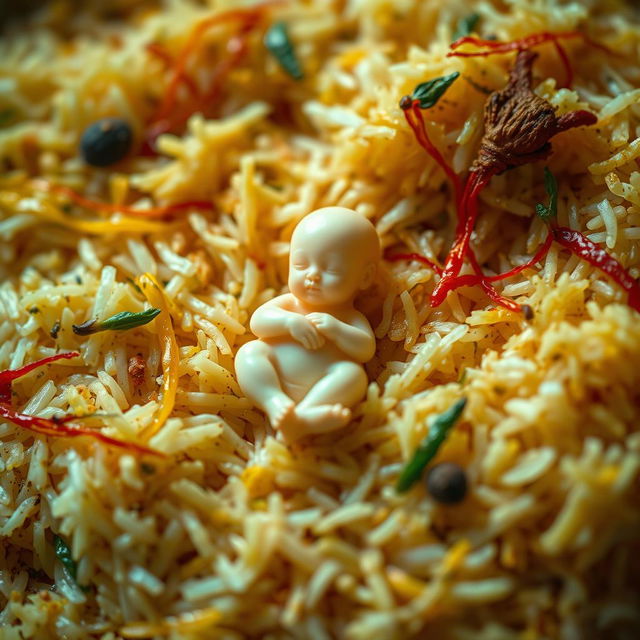 A close-up artistic depiction of a plate of biryani rice, showcasing its rich colors and intricate textures, with strands of saffron, green herbs, and spices