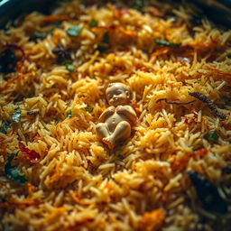 A close-up artistic depiction of a plate of biryani rice, showcasing its rich colors and intricate textures, with strands of saffron, green herbs, and spices
